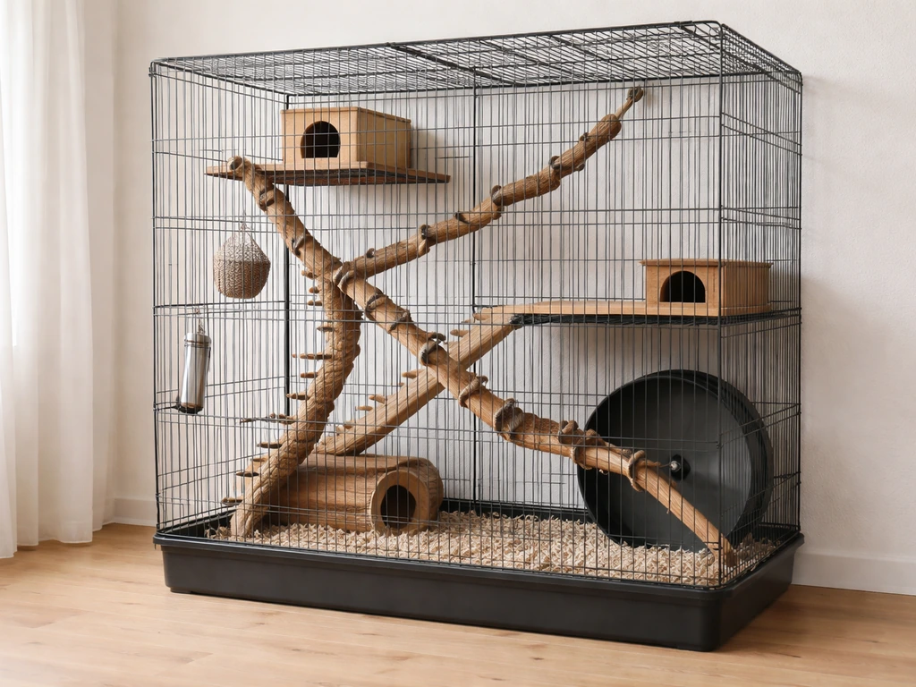 Spacious rat cage setup with climbing branches, showing ample floor and vertical space