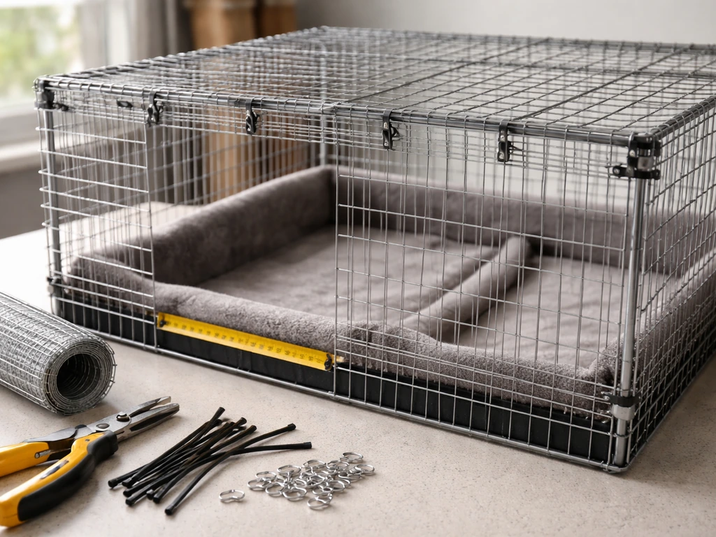 Ruler, hardware cloth, zip ties, and fleece being used to line a bird cage for rat safety