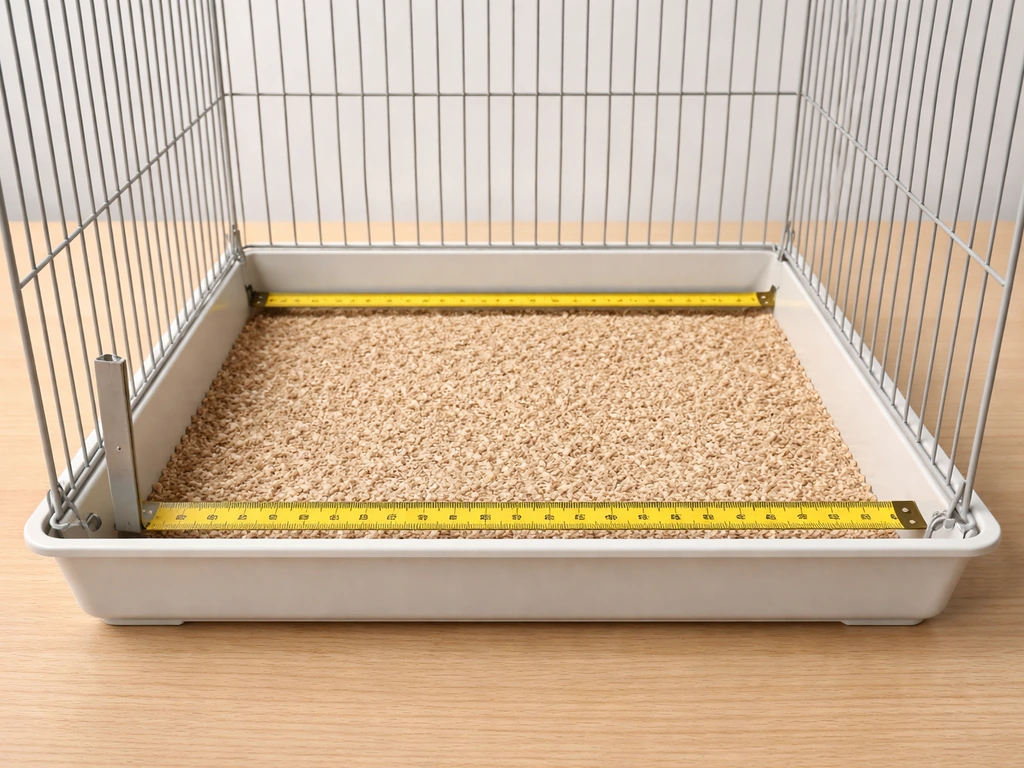 A clean bird cage on a table with a tape measure showing interior dimensions and bar spacing