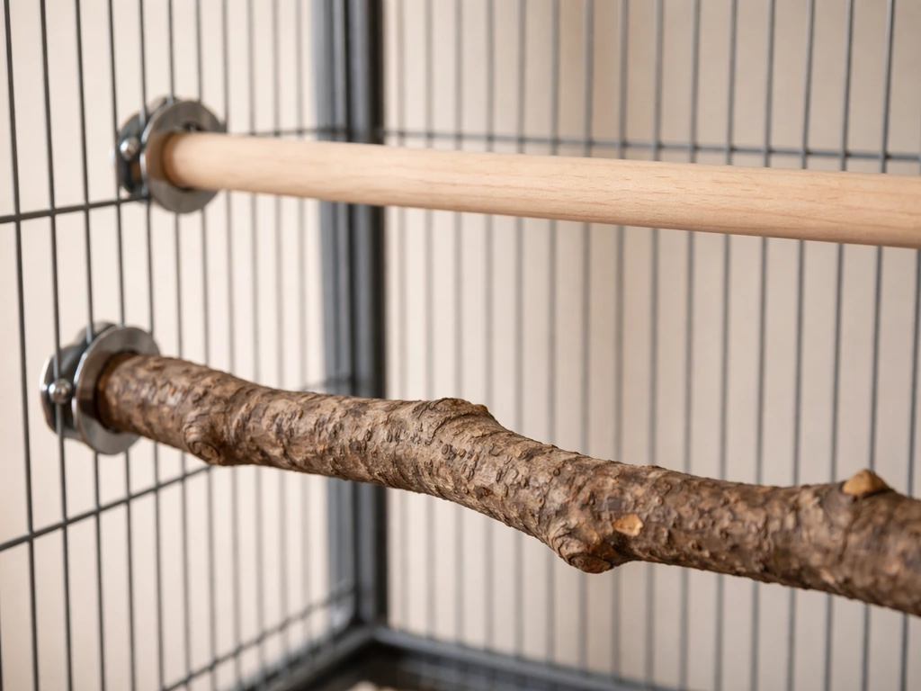 Close-up of two cage perches: a smooth uniform dowel next to a textured branch perch of different diameter.
