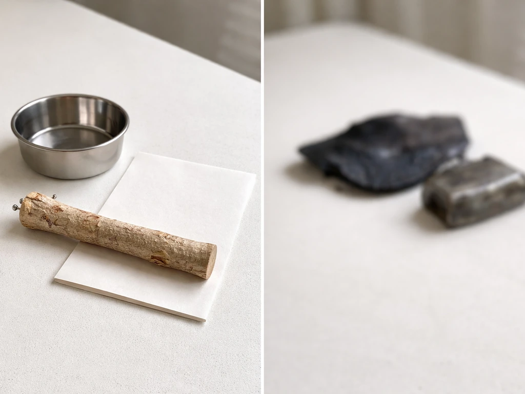 Bird-safe cage accessories on a tray beside a blurred, unsafe-looking material for contrast.