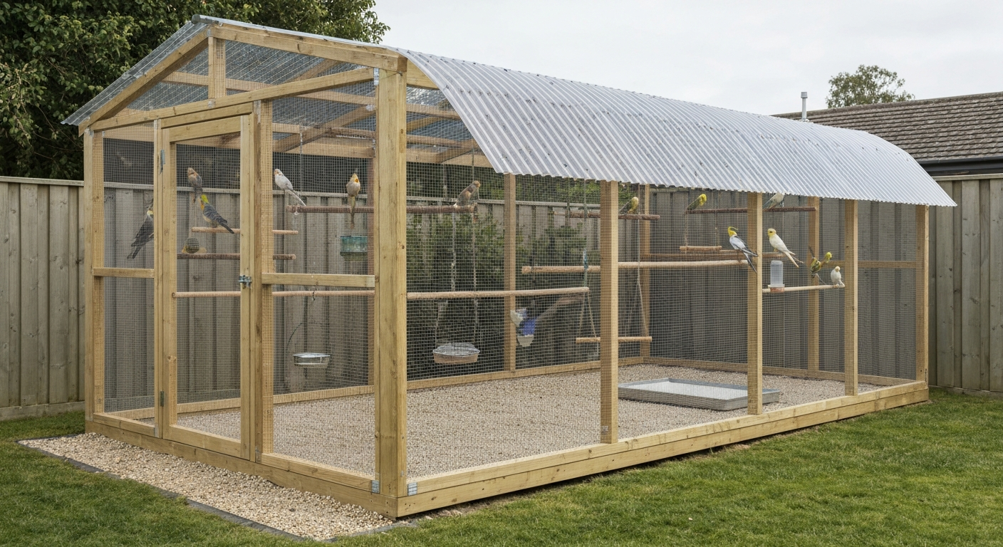 Completed outdoor walk-in aviary with timber frame, stainless steel mesh, double-door vestibule, partial polycarbonate roof, natural perches and small flock of cockatiels and budgies.