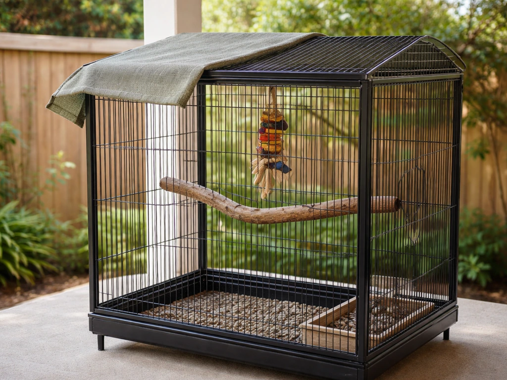 Outdoor bird cage with weatherproof décor and a shaded cover, safely arranged for airflow