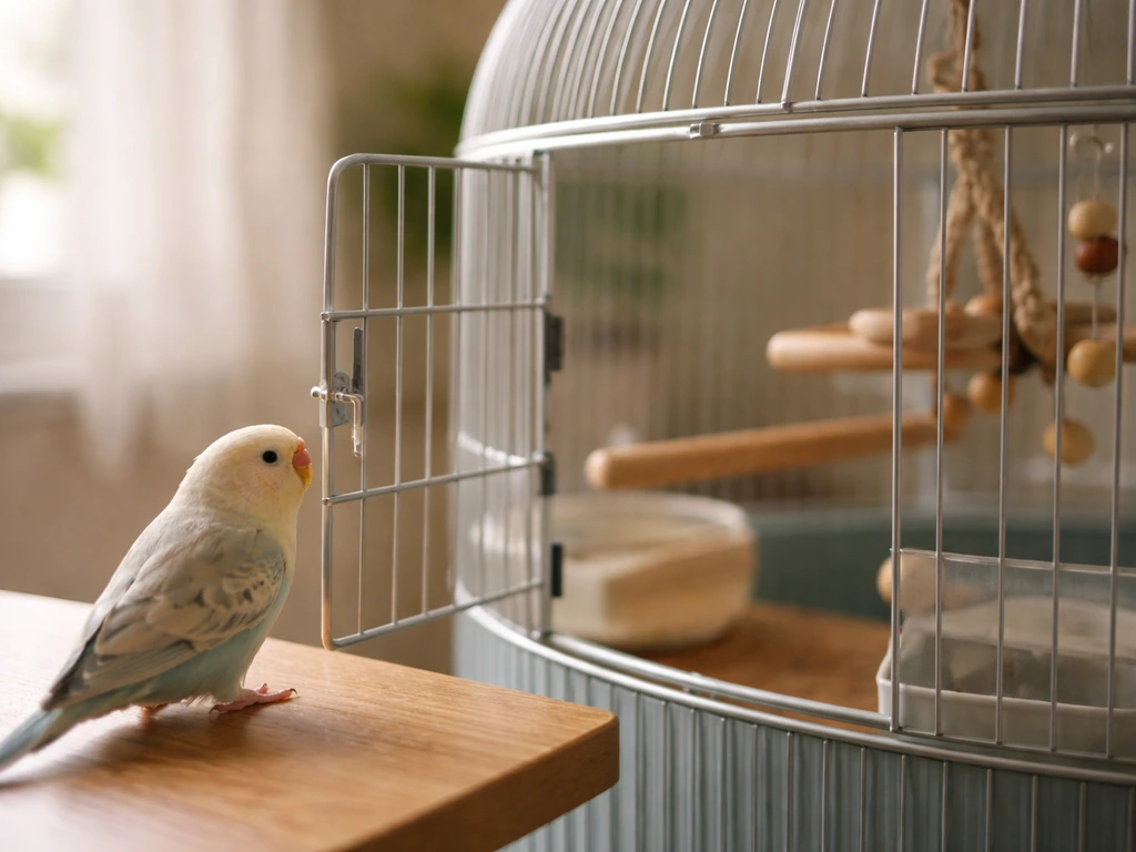 Calm small pet bird near an open, properly prepared cage door in soft natural light.