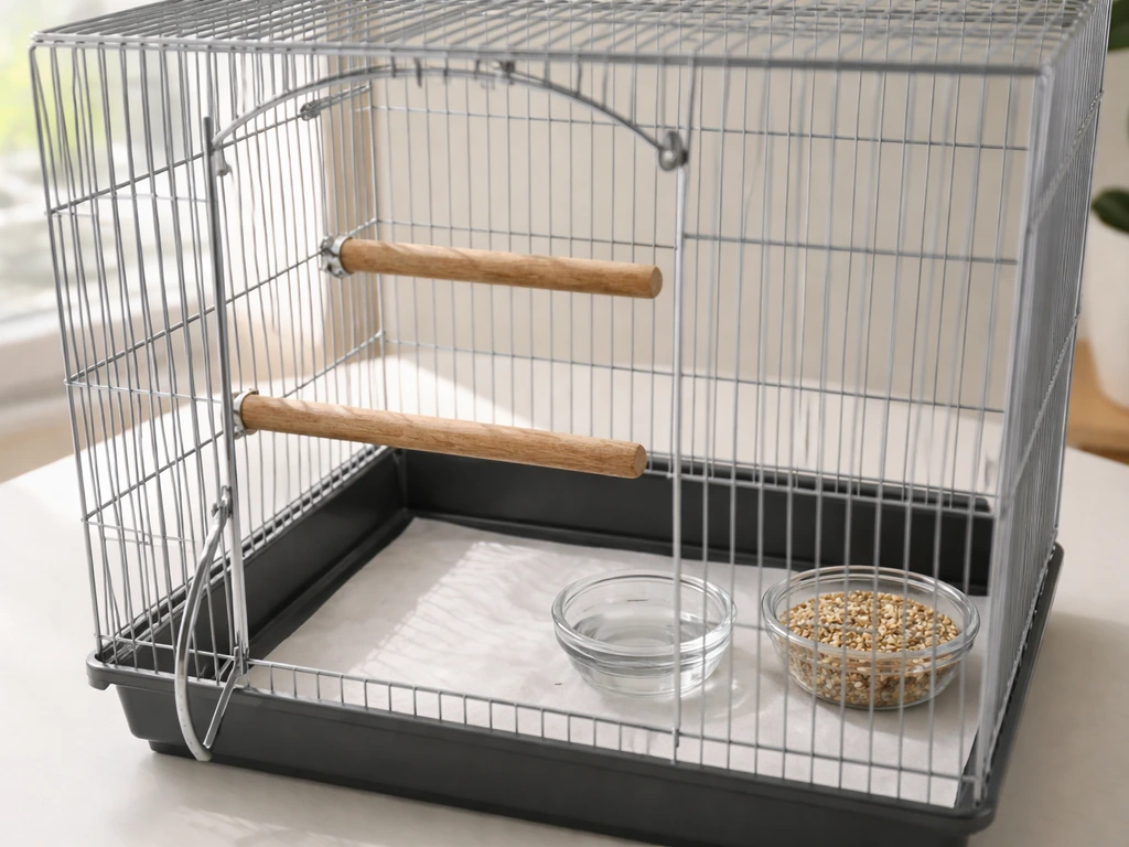 Birdcage interior set up with two perches at different heights and water/food bowls before a bird enters.