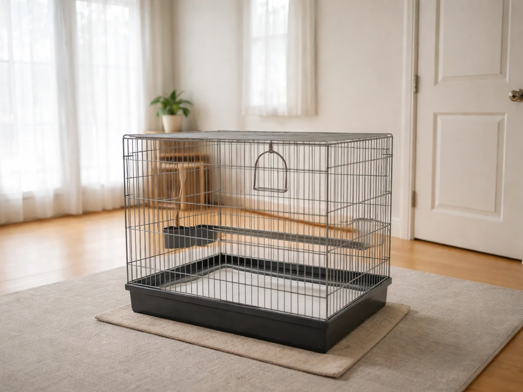 Bird-safe room setup with closed windows and a ready receiving cage in the foreground.