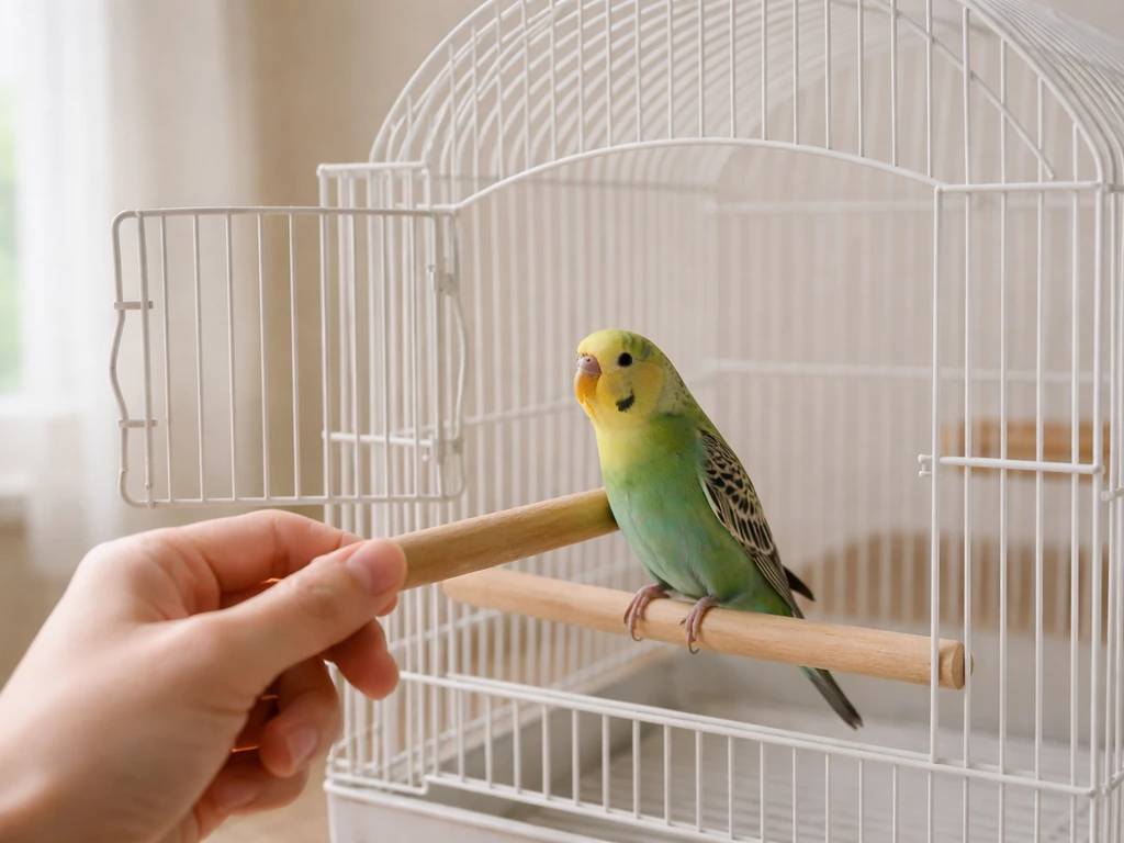 Hand guiding a small parakeet at chest height from inside an open cage entrance