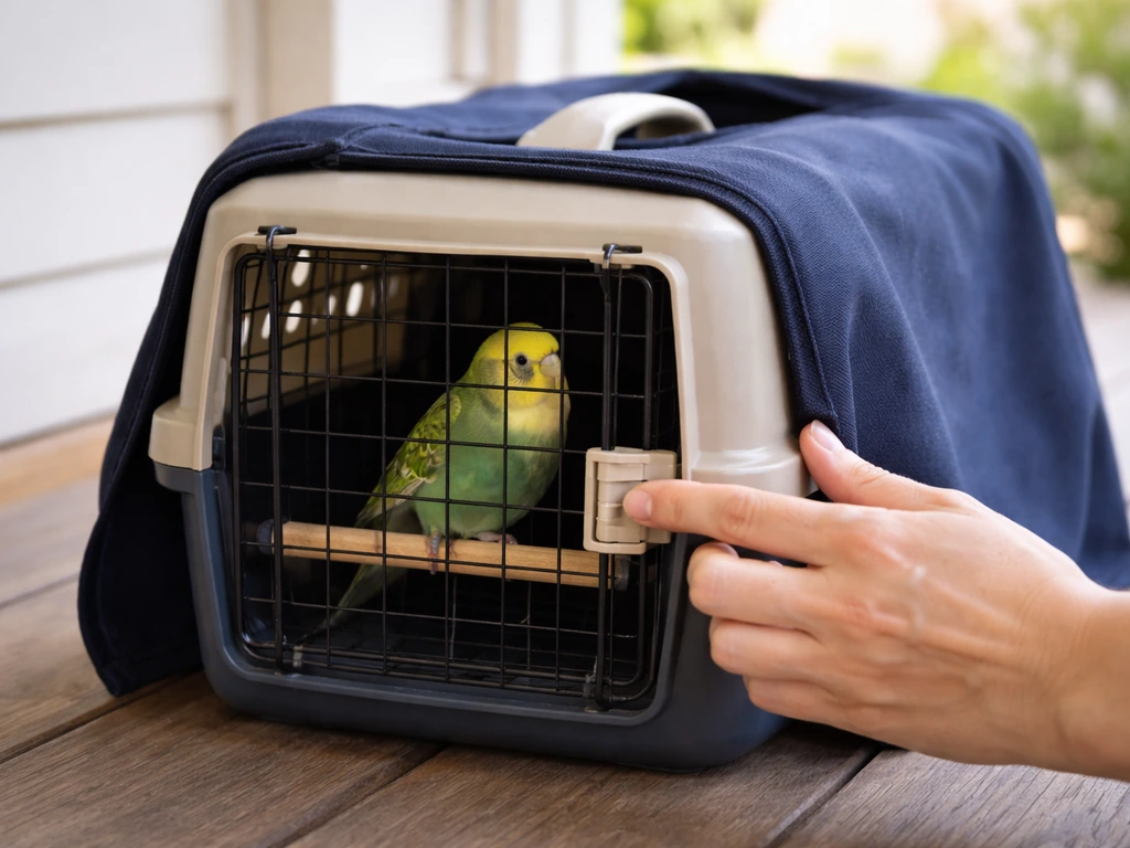 Hands checking an outdoor pet carrier door latch while a small bird rests on a perch inside.