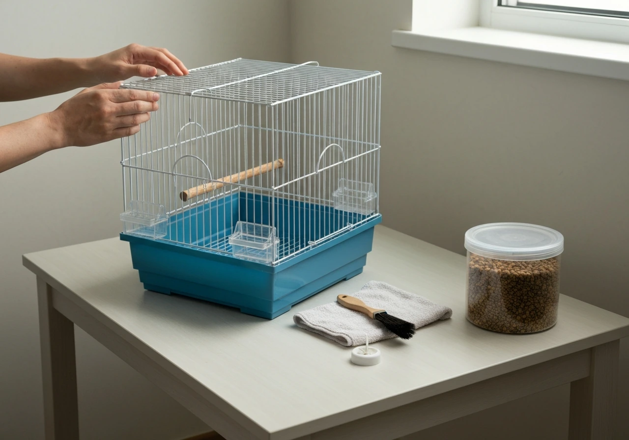 Cleaned bird cage on a table with a nearby sealed dry-food container, moth removal tools kept safely out of reach.
