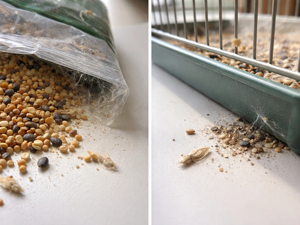 Close-up of moth entry points near a bird cage: seed/feed area and a suspected breeding source spot beside it