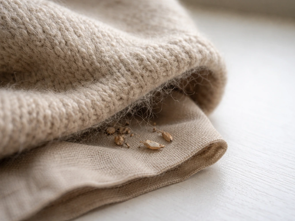 Close-up of a wool fabric seam with faint webbing and debris indicating clothes moth activity.