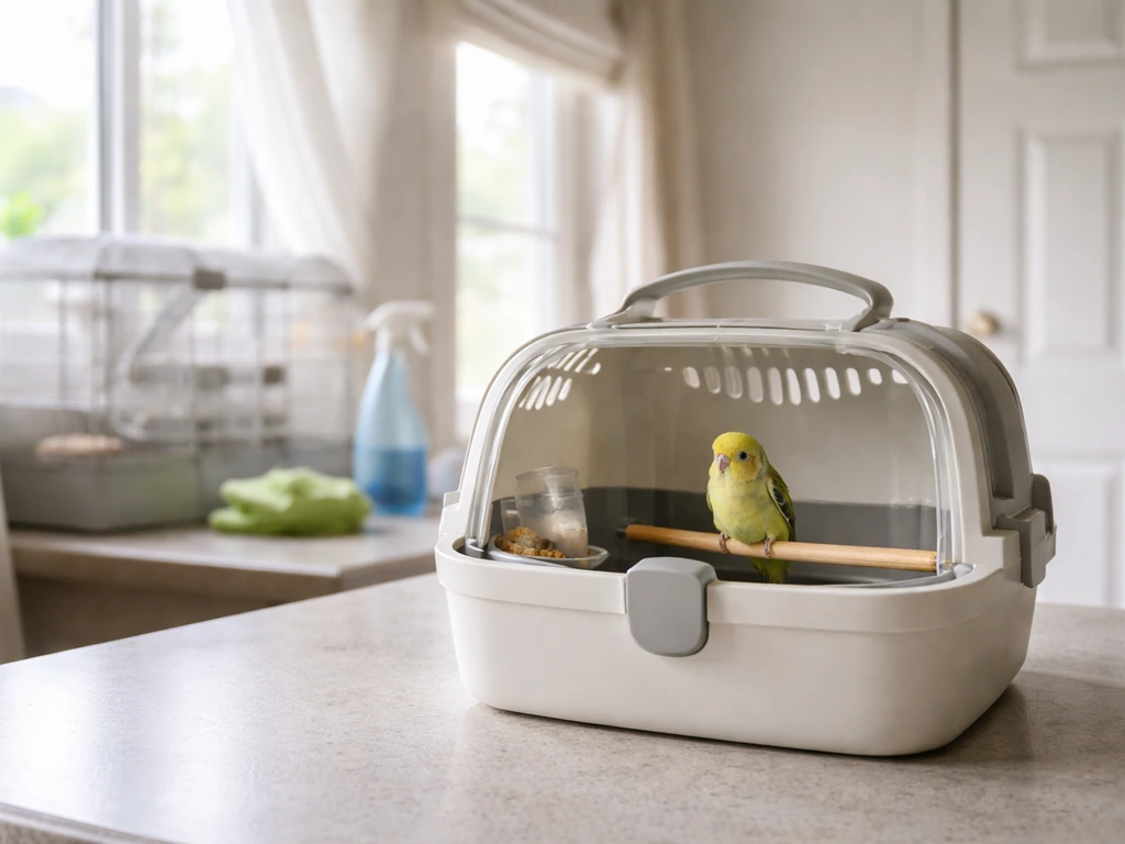 Small pet bird in a carrier set near a window while the cage area is cleaned away from fumes.