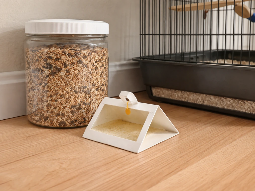 Triangular pheromone sticky trap near a bird food container beside a cage, capturing adult meal moths.
