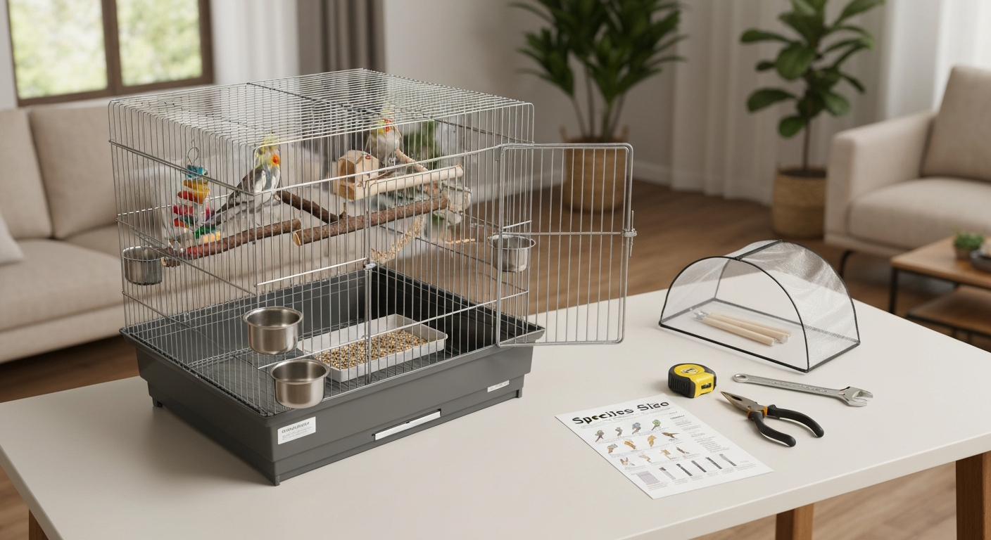 Indoor pet bird cage on a stand with a cockatiel on a natural perch and assembly tools laid out for setup.