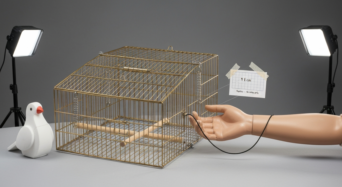 Studio photo of a collapsible vanishing bird-cage replica mid-collapse with visible hinges, springs, concealment cord, foam dummy and scale card; labeled as study replica.